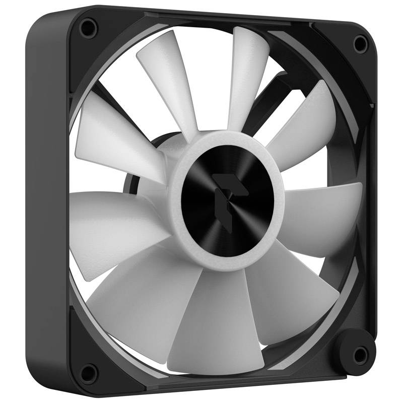 A black computer fan with white blades, mounted in a square frame.