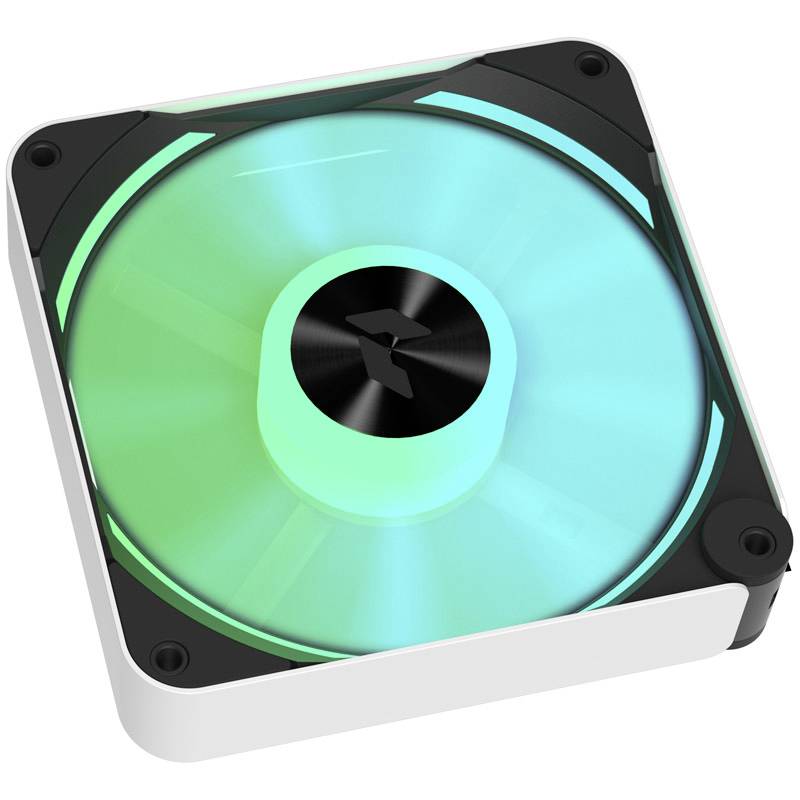White LED computer fan with a glowing green-blue gradient. Rectangular shape with rounded corners and a black accent in the centre.