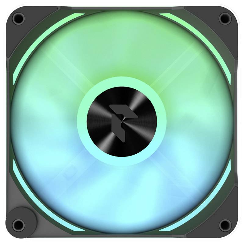 Luminous computer fan with green-blue LED lighting in a square casing. Key feature: central round hub.