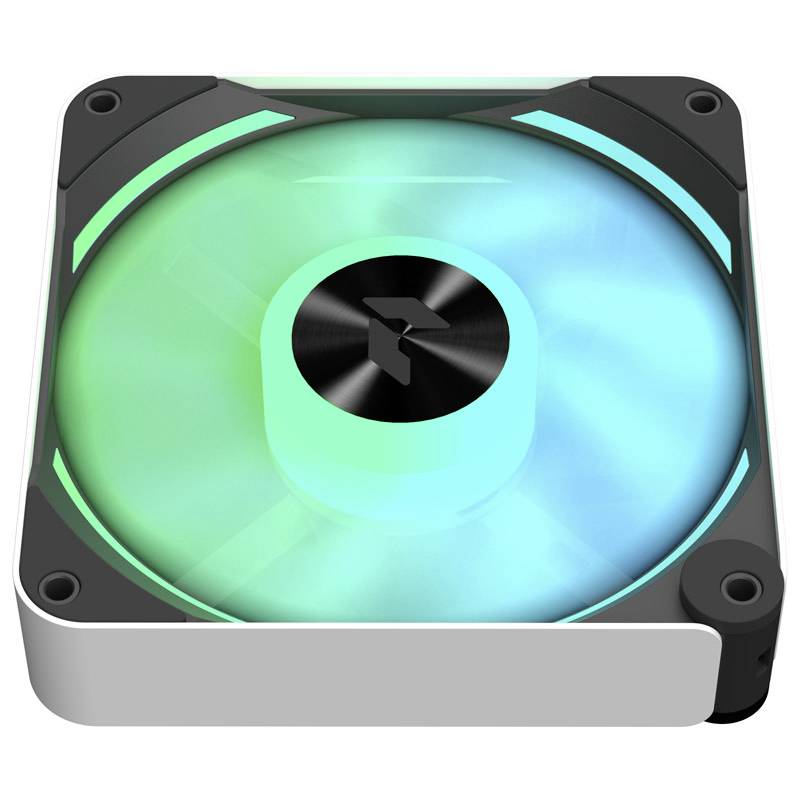 A square computer fan with LED lighting in blue and green, installed in a white case with black corners.