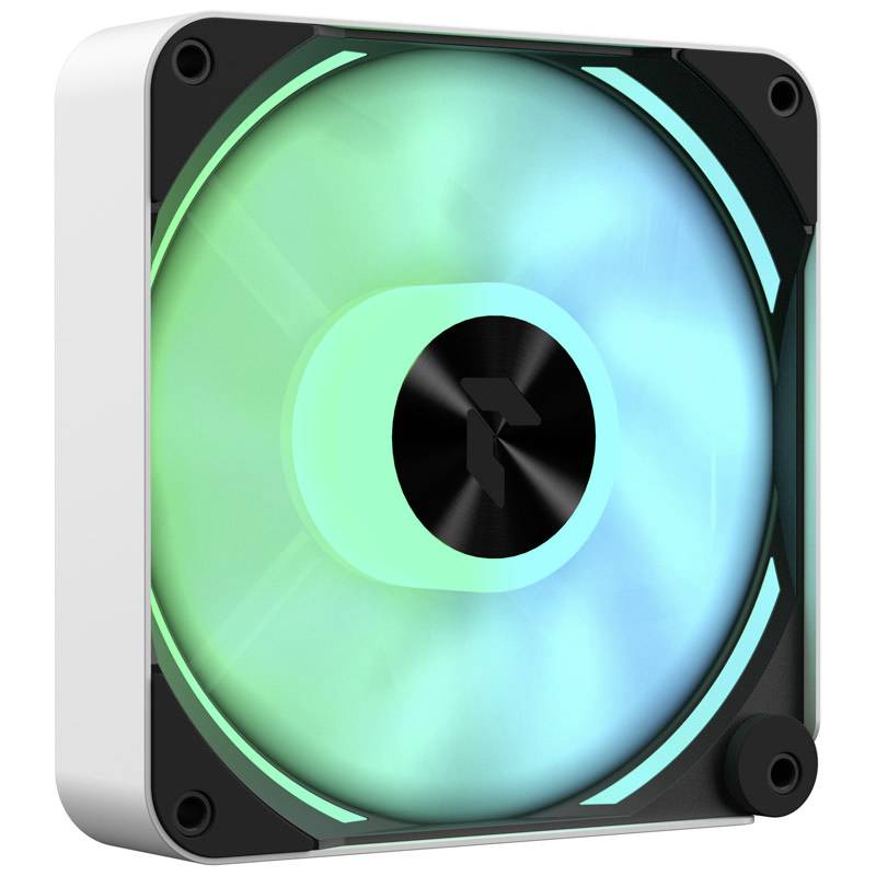 LED fan with a square frame and illuminating blue-green light, suitable for computer cases or cooling systems.