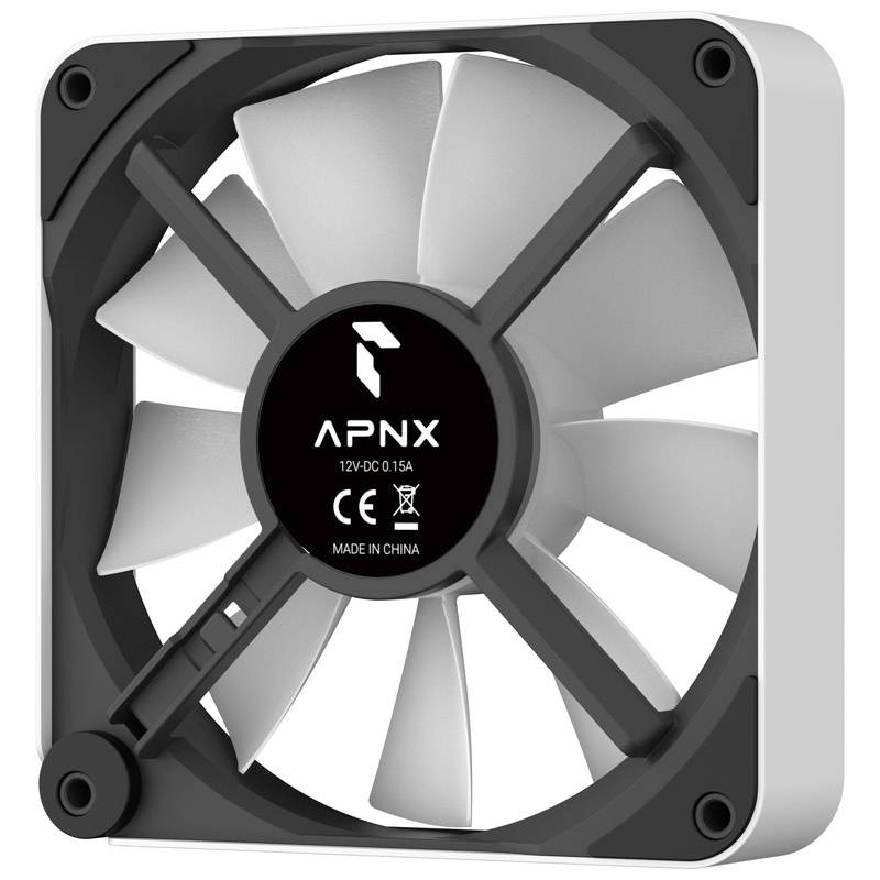 PC fan with a grey frame, white rotor blades and a black centre marked with 'APNX', operating voltage 12V DC, 0.15A.