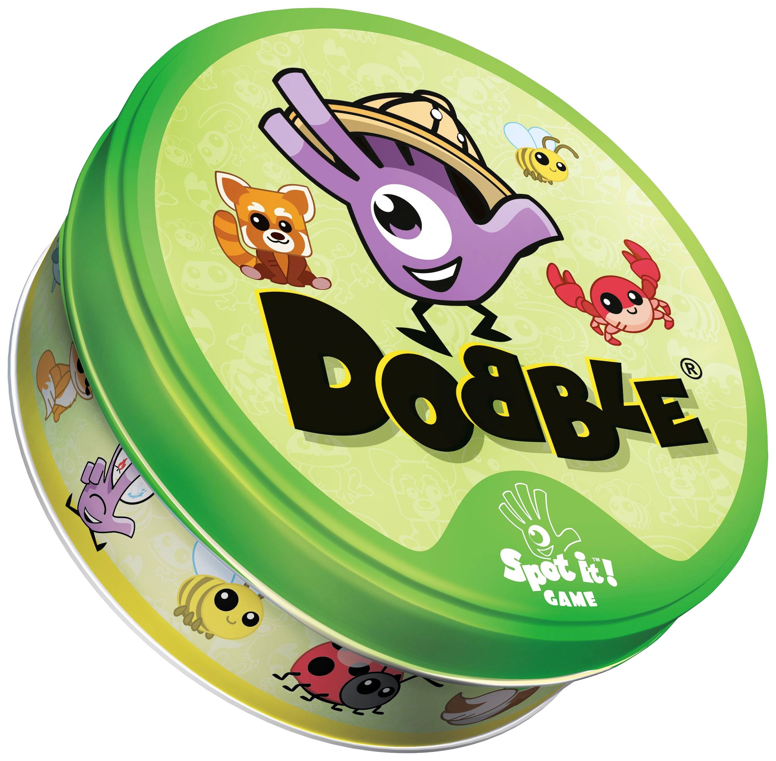 A round green metal tin with the 'Dobble' logo. It displays colourful drawings of animals and a purple hand mascot.