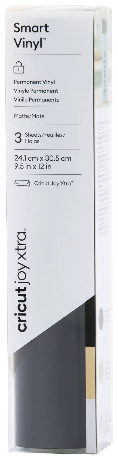'Smart Vinyl' packaging with permanent, matte vinyl. Suitable for Cricut Joy Xtra. Dimensions: 24.1 cm x 30.5 cm. Contains 3 sheets.