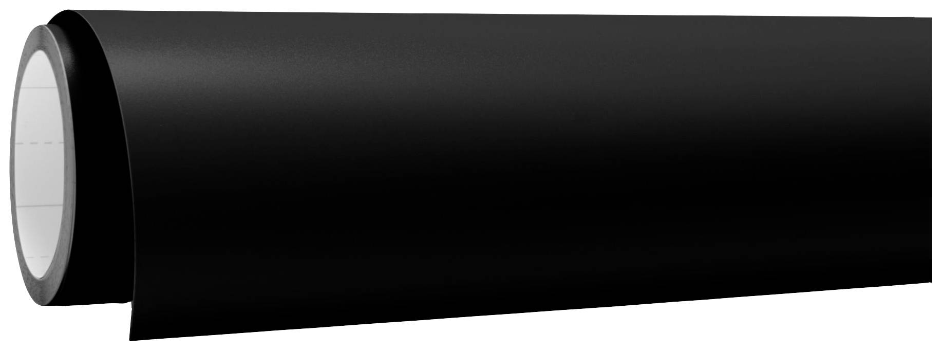 Black film roll in close-up, photographed at an angle. The roll shows the smooth texture of the film.