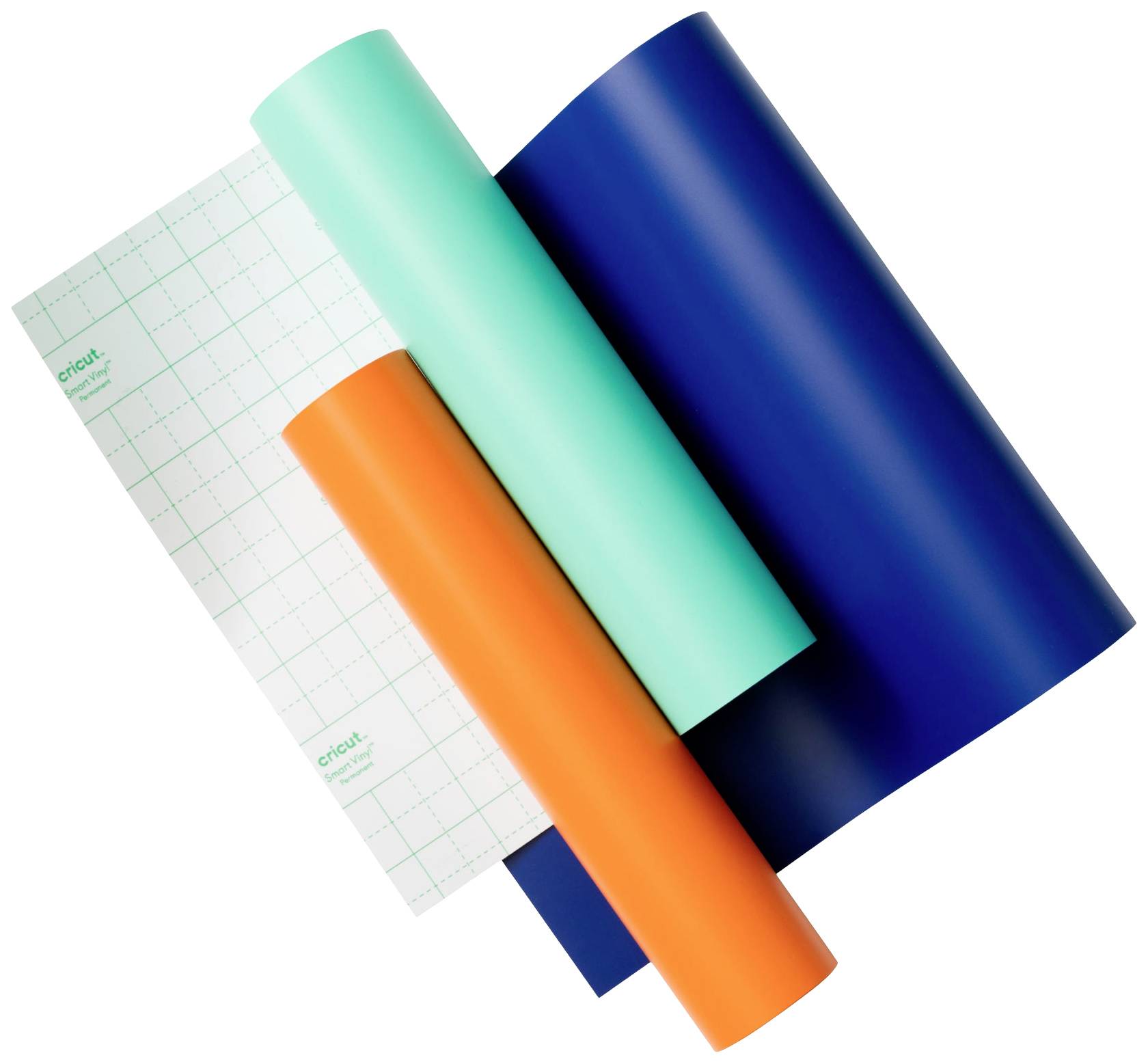Three rolls of vinyl film in blue, orange, and turquoise on a cutting mat with grid pattern, suitable for craft work and decorations.