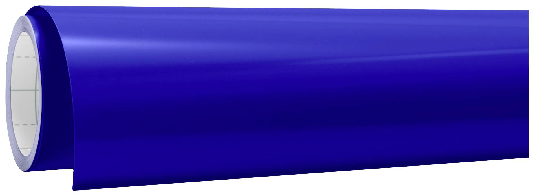 A wide roll of blue adhesive tape, partially unrolled, shows its glossy surface.