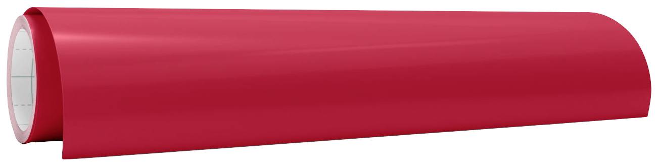 A large red roll made of shiny material lies horizontally on a white background.