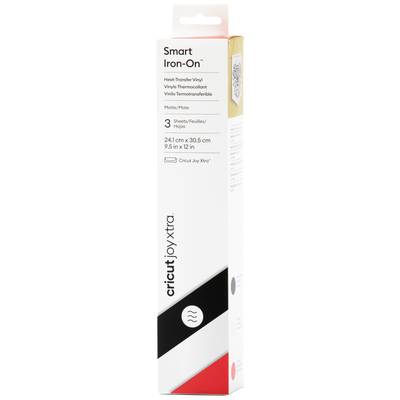 Packaging for a 'Cricut Joy Xtra Smart Iron-On' product, containing 3 vinyl transfer sheets. Size: 24.1 cm x 30.5 cm.
