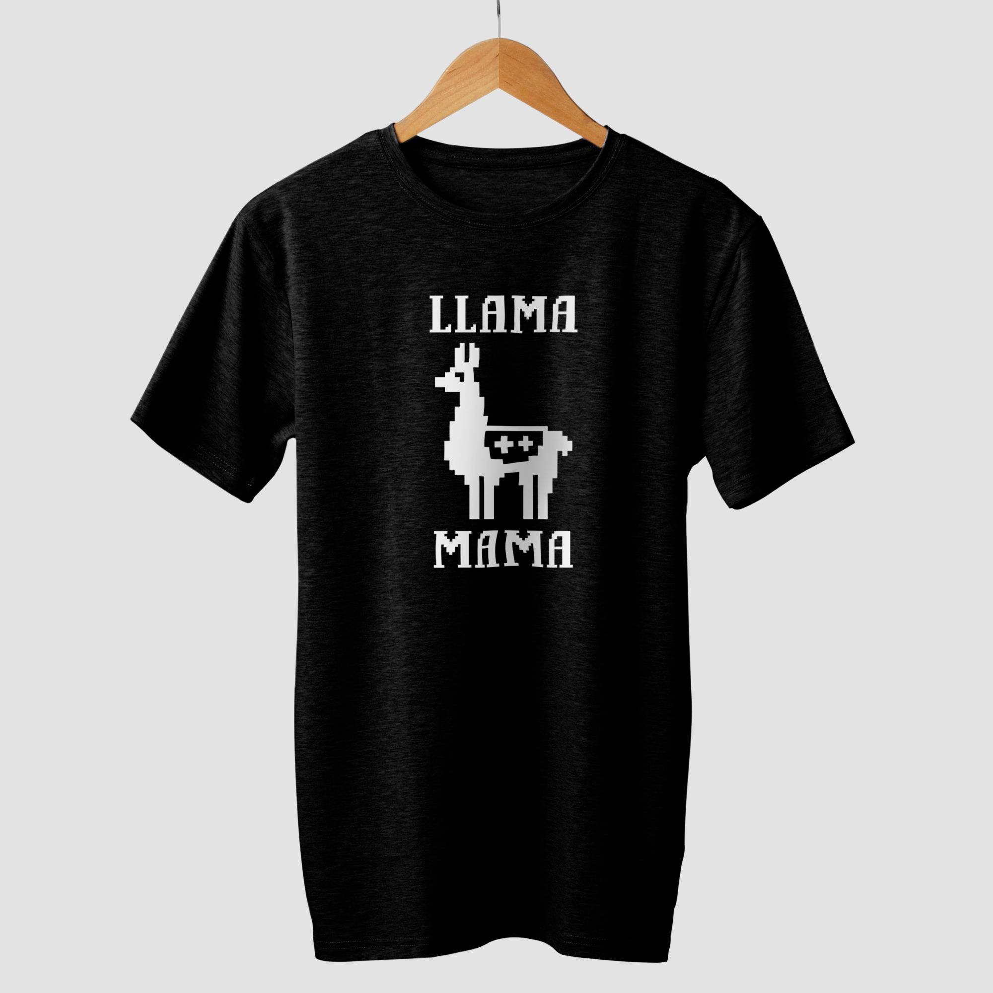 Black T-shirt with a white pixel design of a llama and the text 'Llama Mama'.