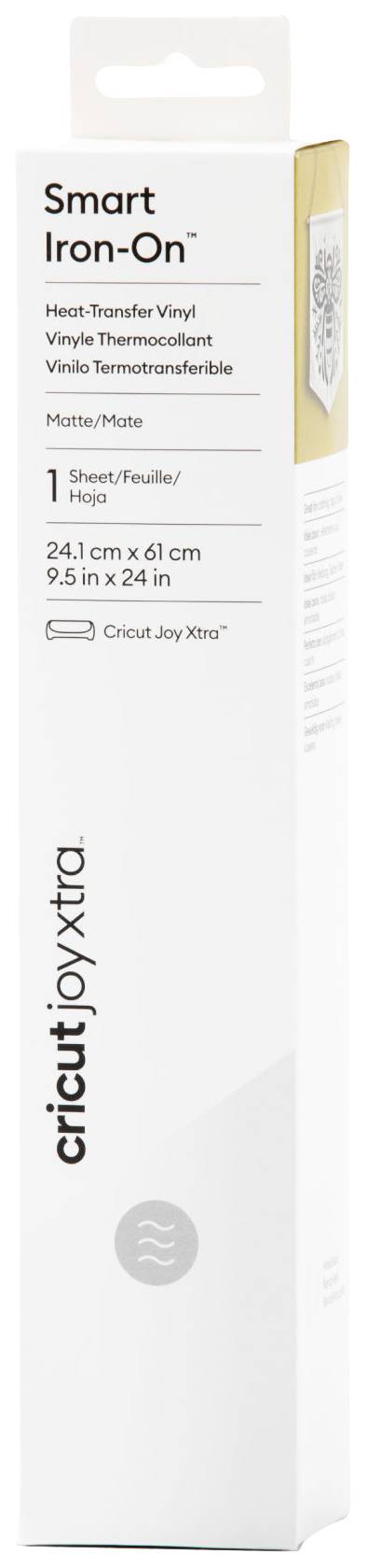 Packaging of 'Cricut Joy Xtra Smart Iron-On' with matte surface in White. Size: 24.1 cm x 61 cm. Contains 1 sheet.