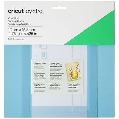 Packaging for Cricut Joy Xtra Card Mat 12 cm x 16.8 cm. An insert sheet shows personalised cards as an example application.