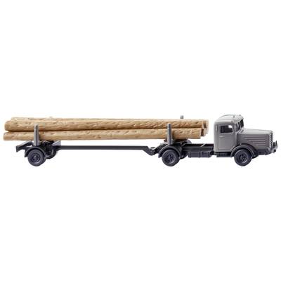 Toy lorry with a grey bodywork transports two long wooden logs. Vehicle demonstrates detailed precision and model-making craftsmanship.