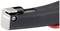 A black stapler made of metal and plastic with a silver tip, lies on a white surface.