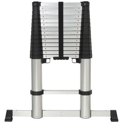 Aluminium telescopic ladder in folded position, front perspective view.