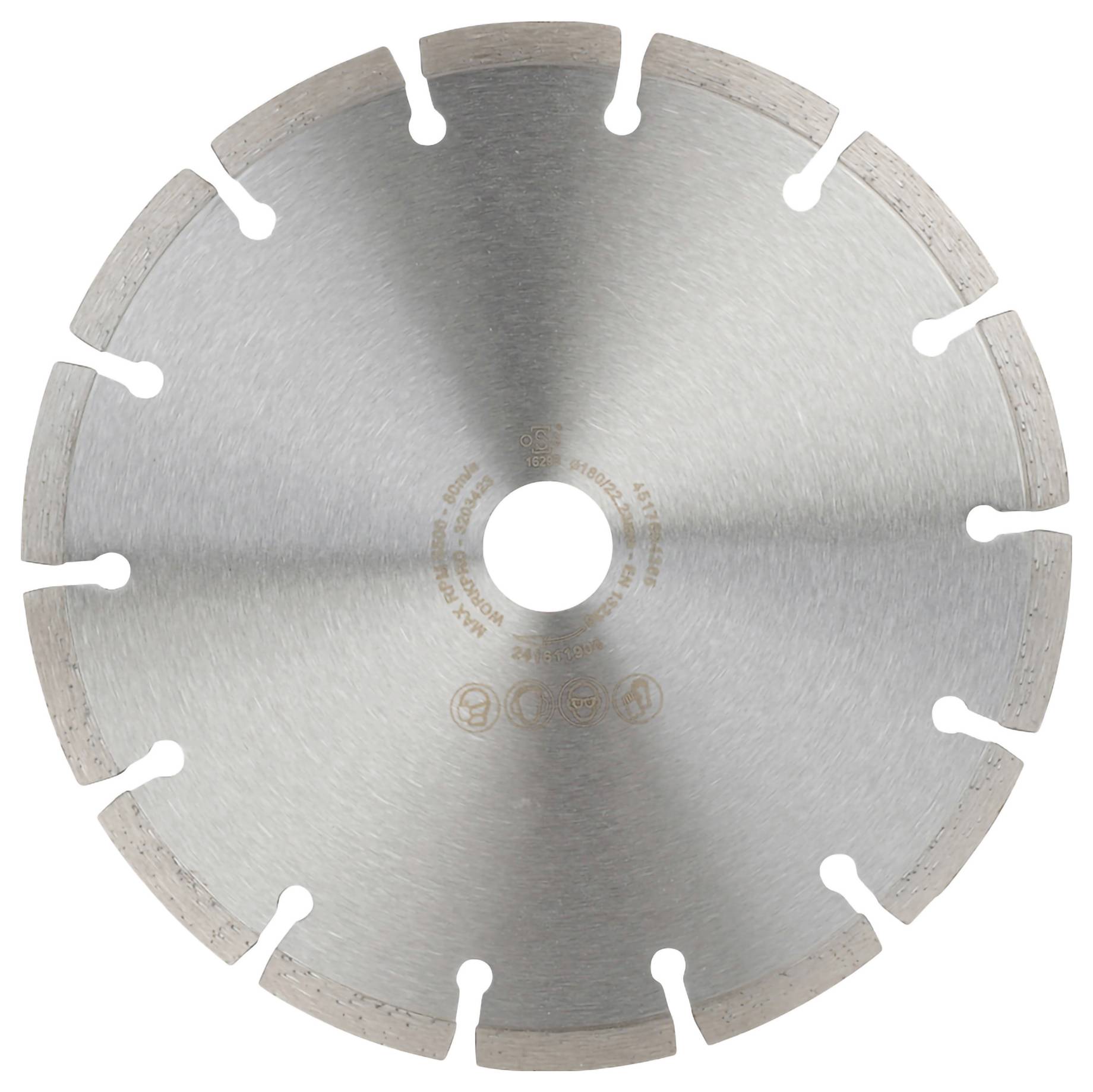 Metal circular saw blade with a serrated edge and a row of indentations. Suitable for cutting hard materials.