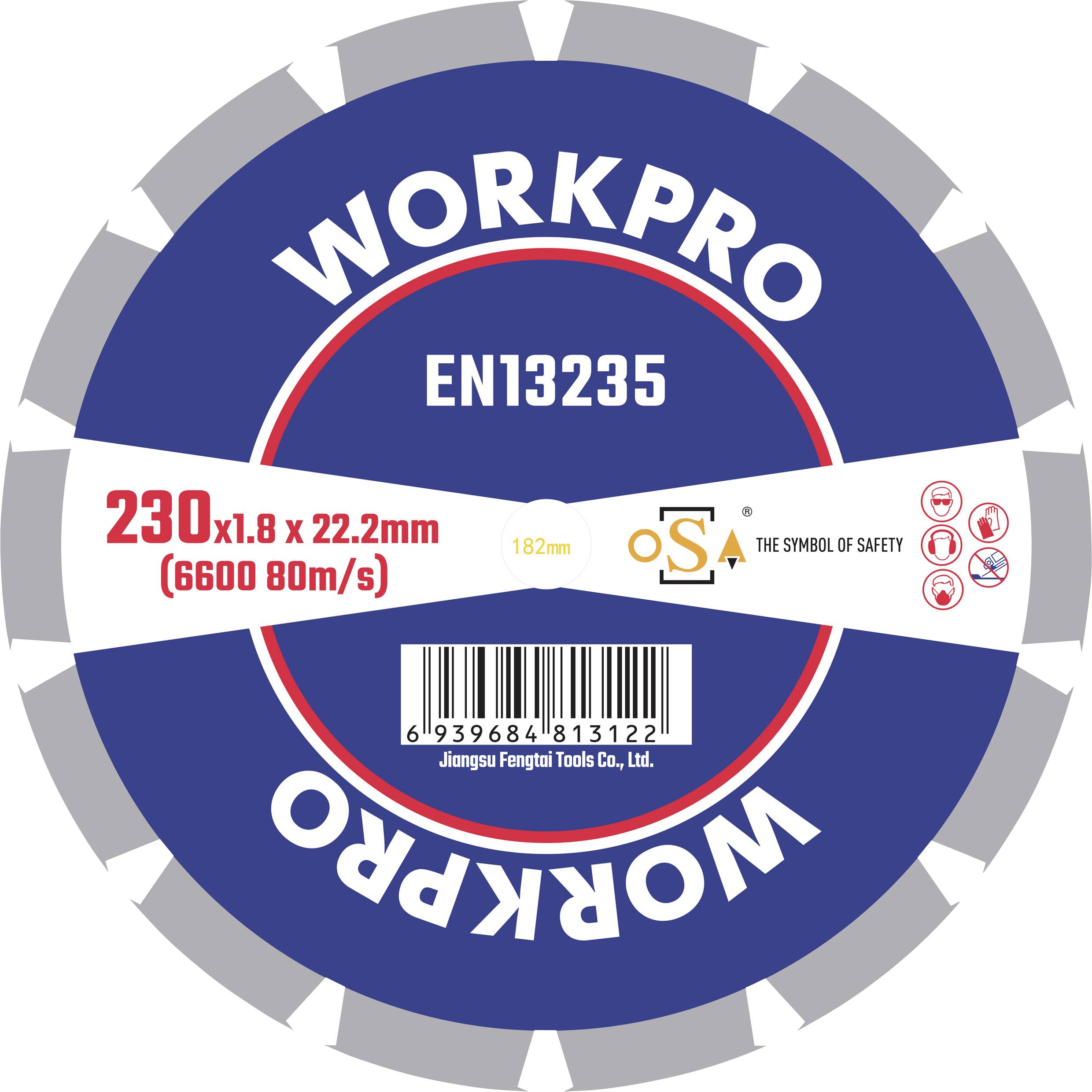 A grinding disc with the inscription 'WORKPRO', standard 'EN13235', dimensions '230x1.8 x 22.2mm', speed '6600 80m/s'.