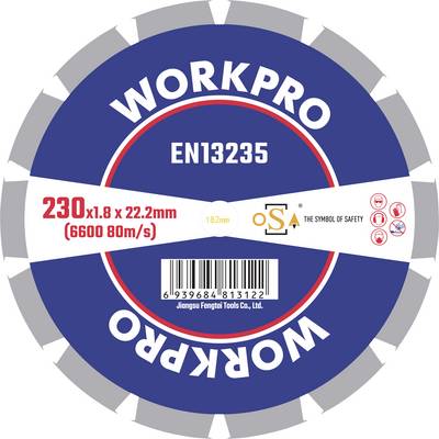 A grinding disc with the inscription 'WORKPRO', standard 'EN13235', dimensions '230x1.8 x 22.2mm', speed '6600 80m/s'.