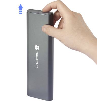 A hand is holding a rectangular, metallic tool from Toolcraft, with an upward-pointing arrow graphic located in the top left of the image.