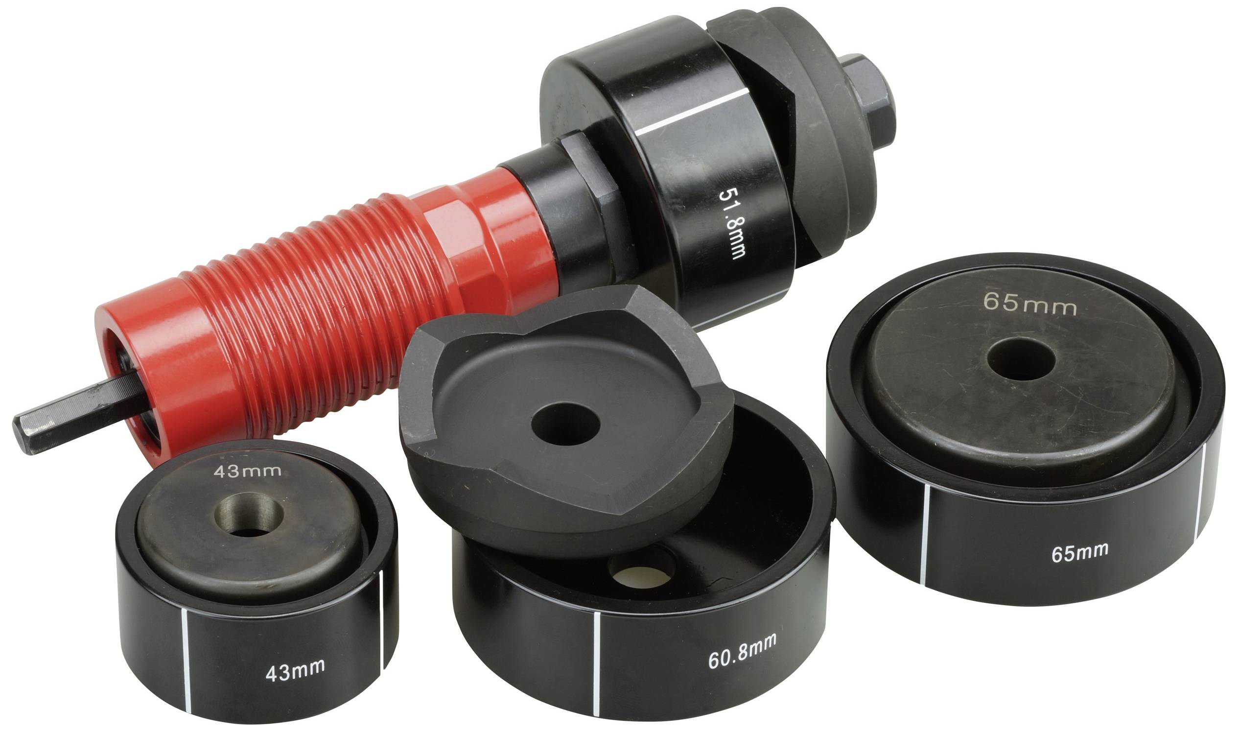 'Cable Stripping Set with five round attachments in various sizes. Includes a red and black handle, marked with numbers.'