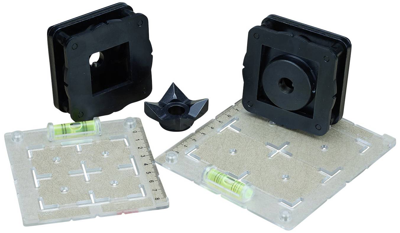 Two square plastic mounting brackets with transparent base plates and integrated spirit levels are shown together with a star-shaped attachment.