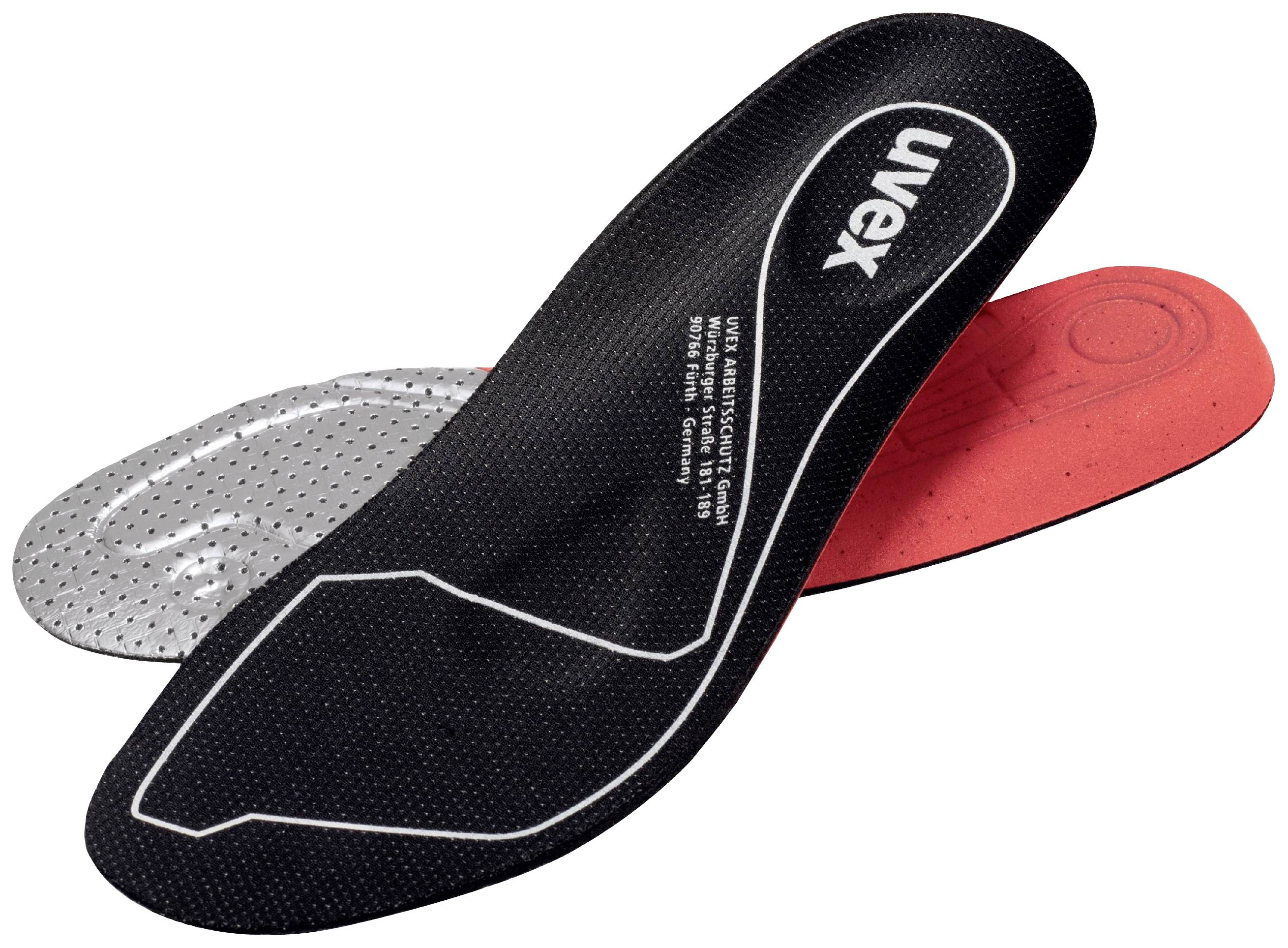 Insoles in Black, Red and Grey with an ergonomic design. 'uvex' text visible on the black insole.