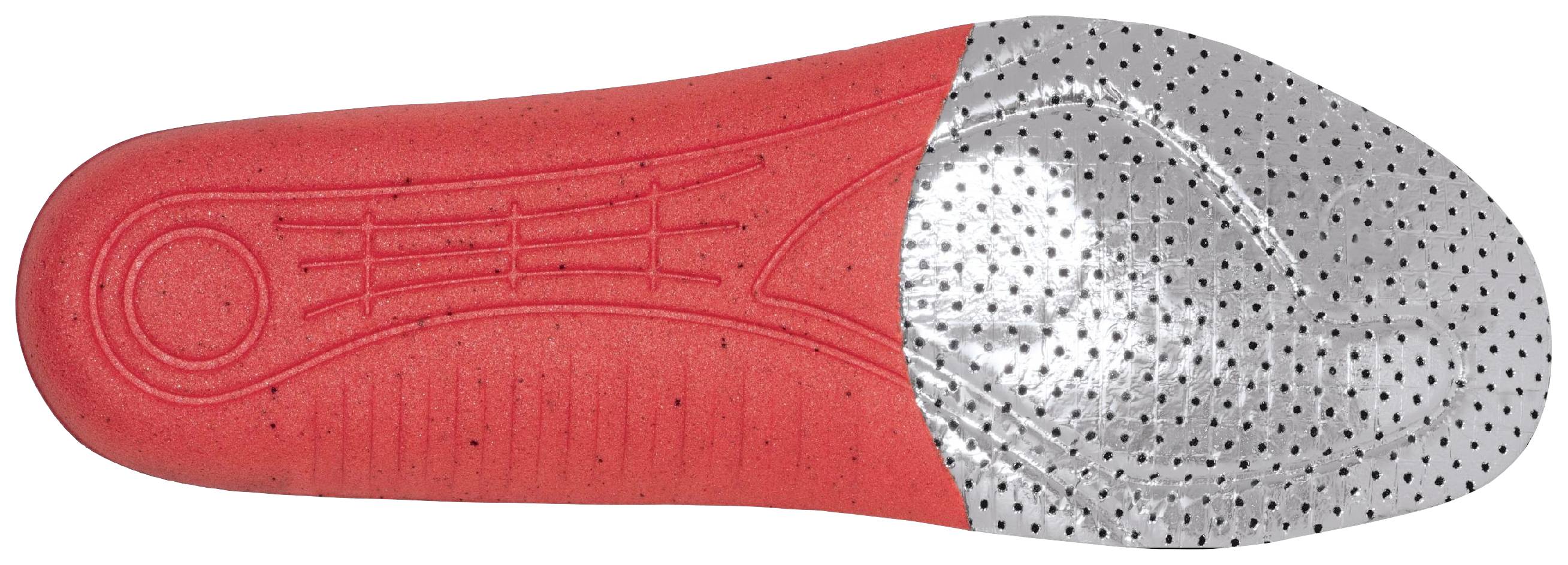 Insole View: Red, perforated sole with grey front section. Supports foot comfort, reduces pressure points.