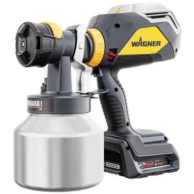 Electric paint spray gun with ergonomic handle and water tank. 'Wagner' brand name on the side, suitable for DIY projects.