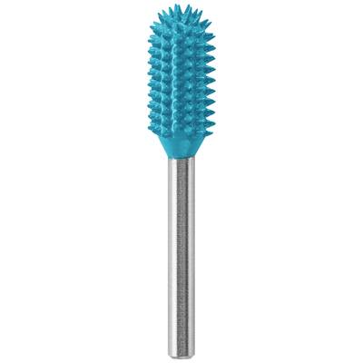 A blue, cylindrical milling cutter with pointed cones on a metallic shaft, typically used for nail or woodworking.