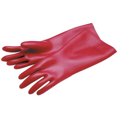 Red protective gloves are lying on a flat surface. They are insulating and suitable for electrical work.