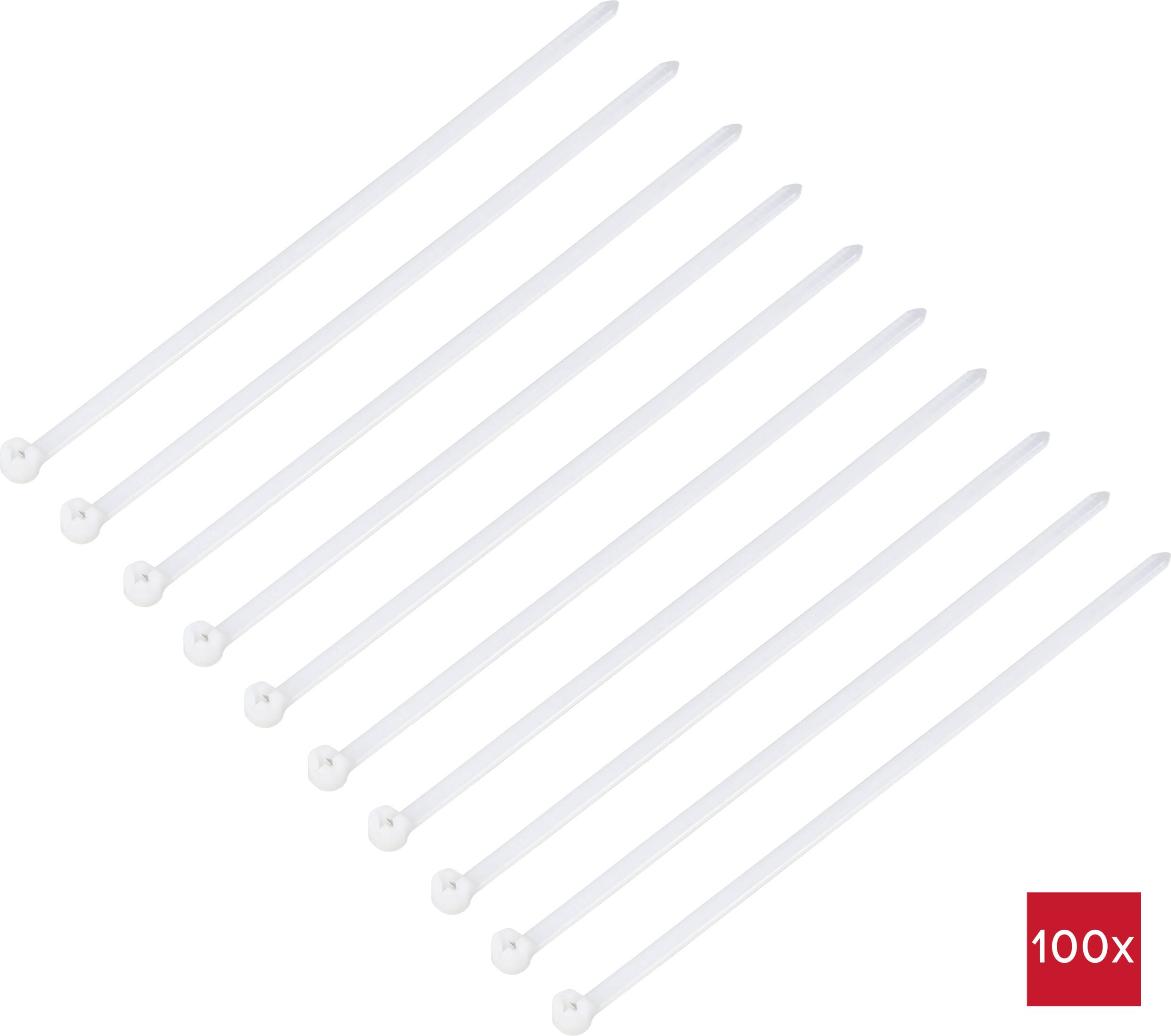 Ten white cable ties on a white background, arranged side by side. A red field in the bottom right with the inscription '100x'.