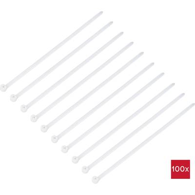 Ten white cable ties on a white background, arranged side by side. A red field in the bottom right with the inscription '100x'.