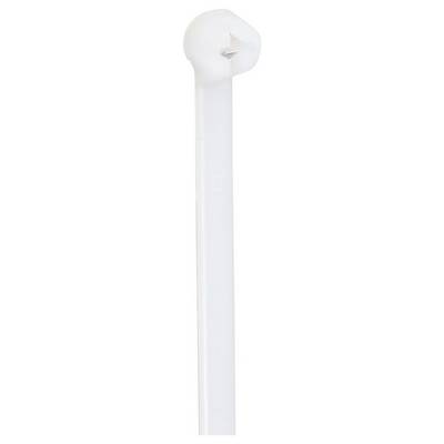 A single white cable tie with a small head and long, narrow band, often used for bundling or securing cables.