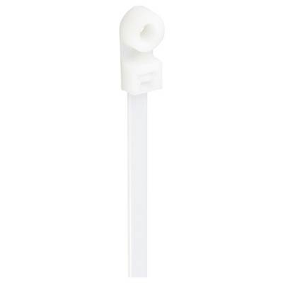 A white cable tie with a special head design for fastening to a screw or small post.