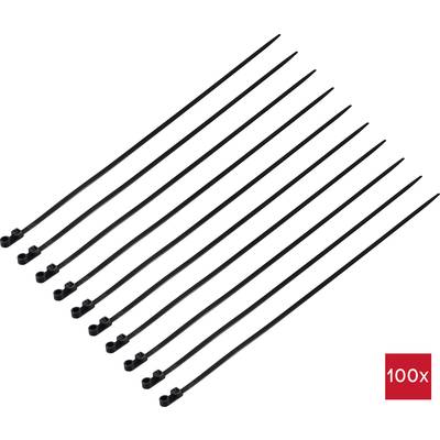 Black cable ties, ten lined up, on a white background. Bottom right is '100x' in a red square.