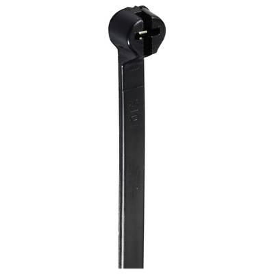 A black cable tie with a square fastener, used for bundling cables or objects.