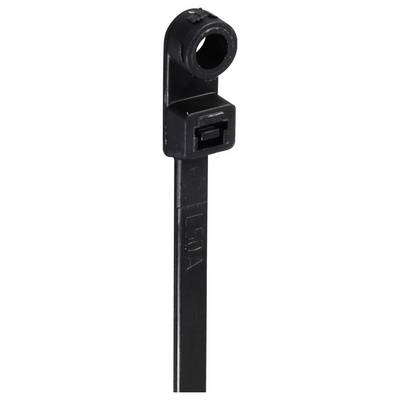 A black cable tie with a square locking mechanism and a round head; used for bundling cables or objects.