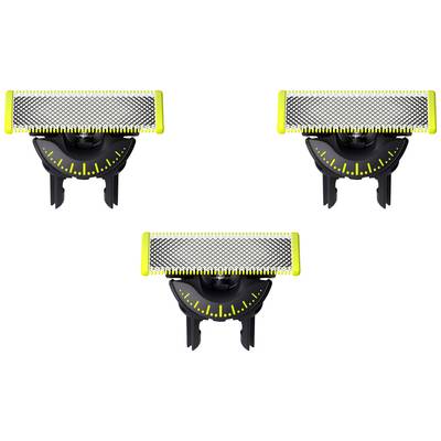 Three razor blades on a white background. Each blade has a yellow border and is mounted on a black holder.