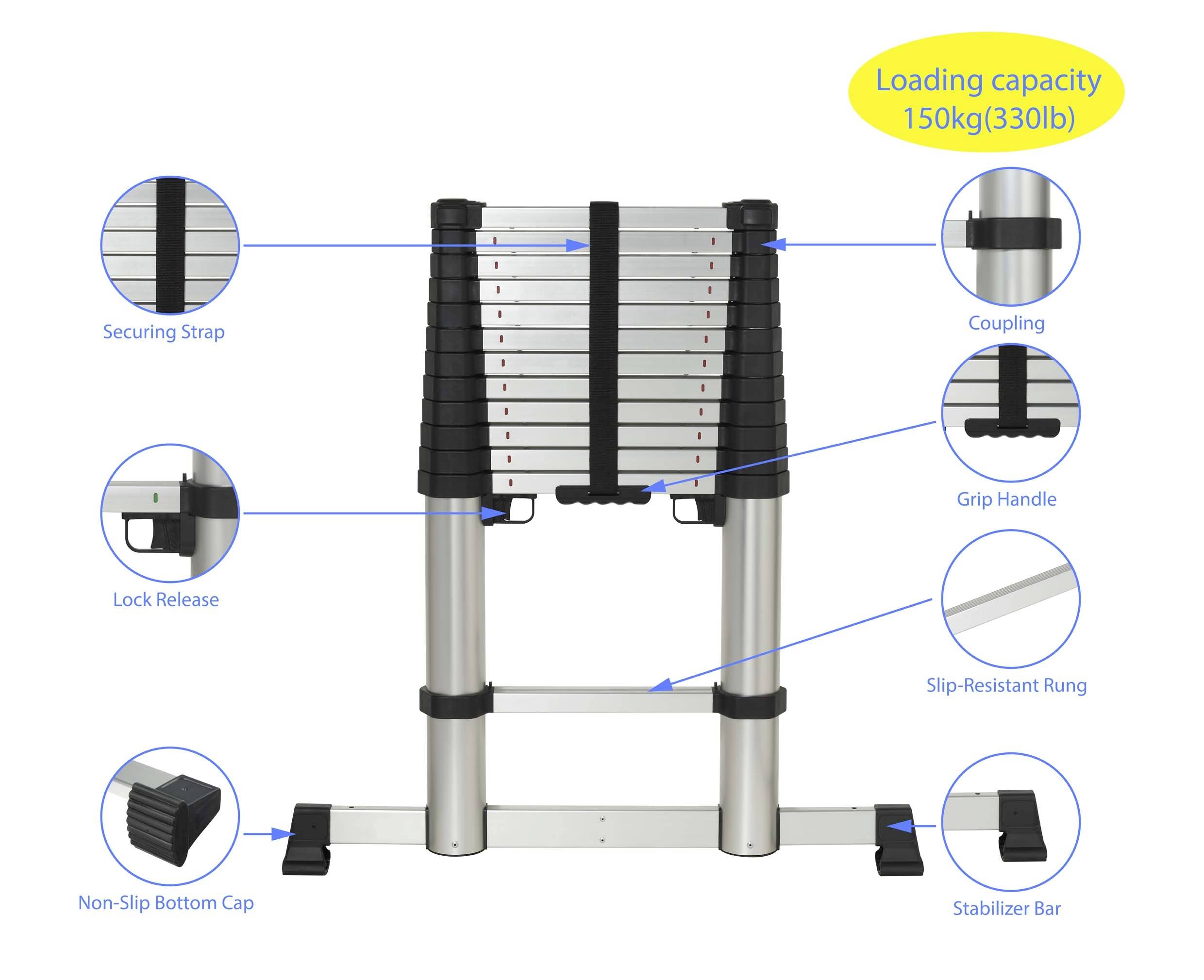 Telescopic ladder with non-slip rungs, slip-resistant feet and a load capacity of 150 kg. Carrying straps and stabilisation elements are shown.