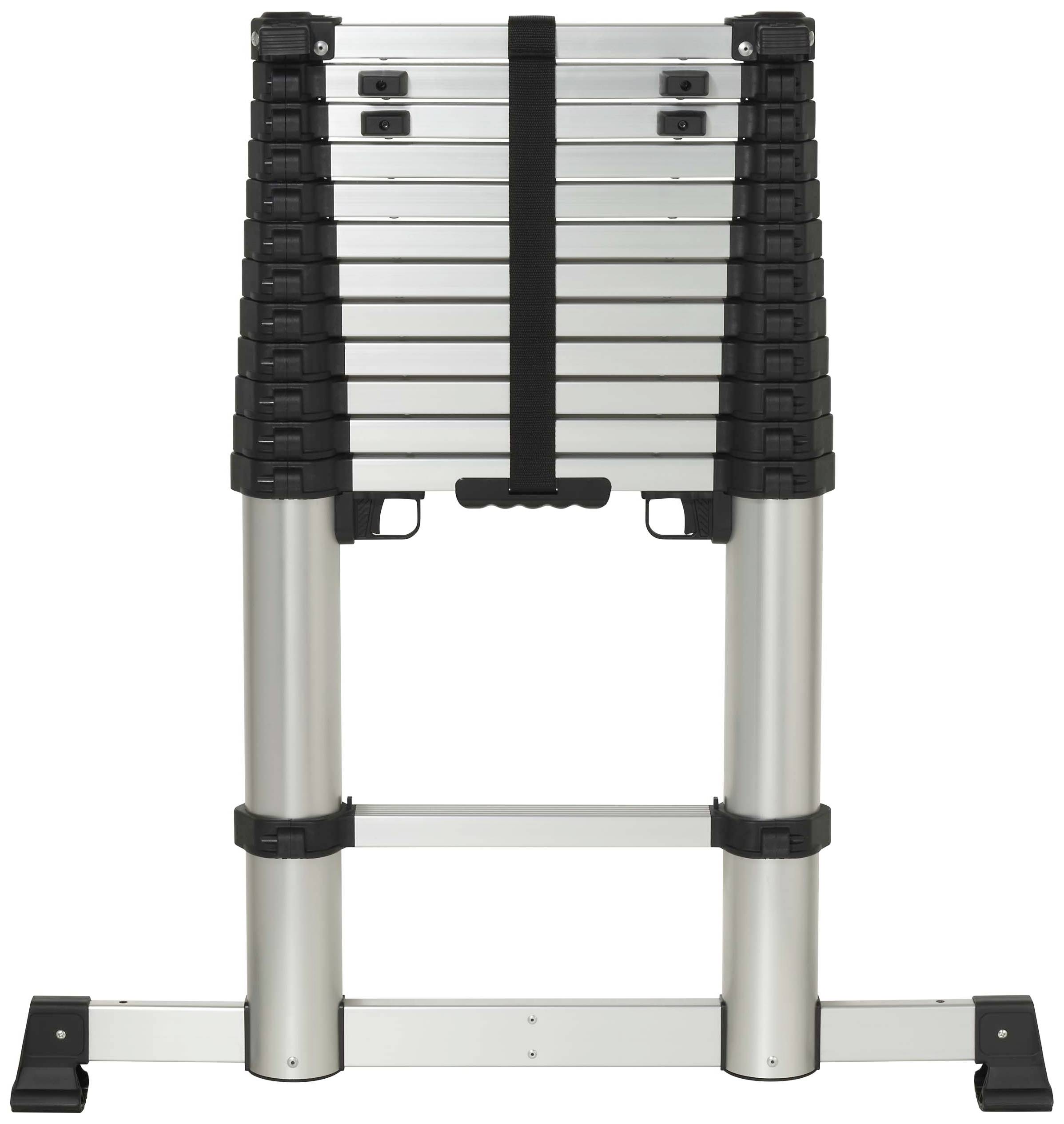 Aluminium telescopic ladder, fully folded, with black plastic components and non-slip feet for stability.