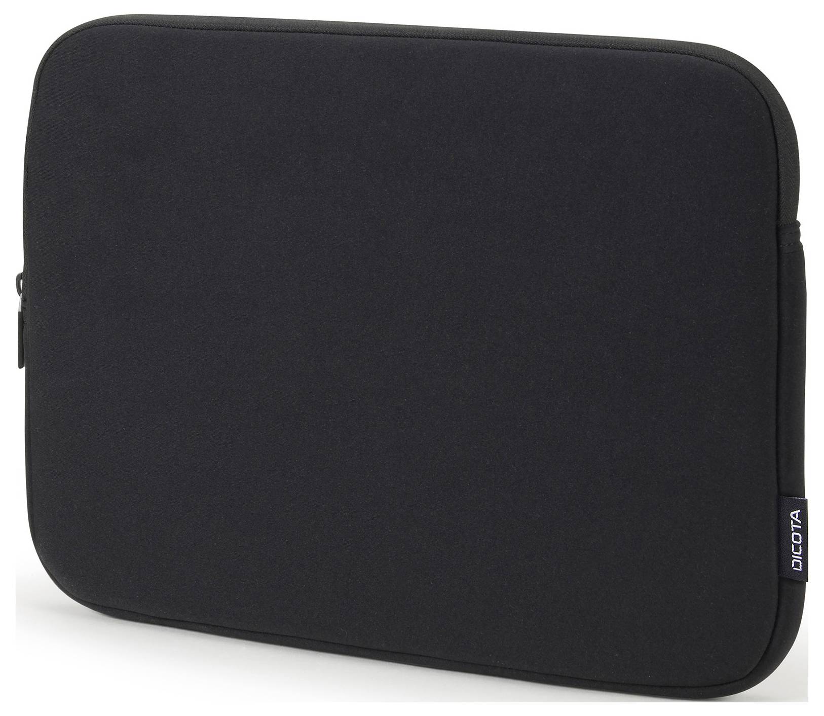 Black neoprene laptop bag with zip, minimalist design, protection for laptops; brand patch on the side.