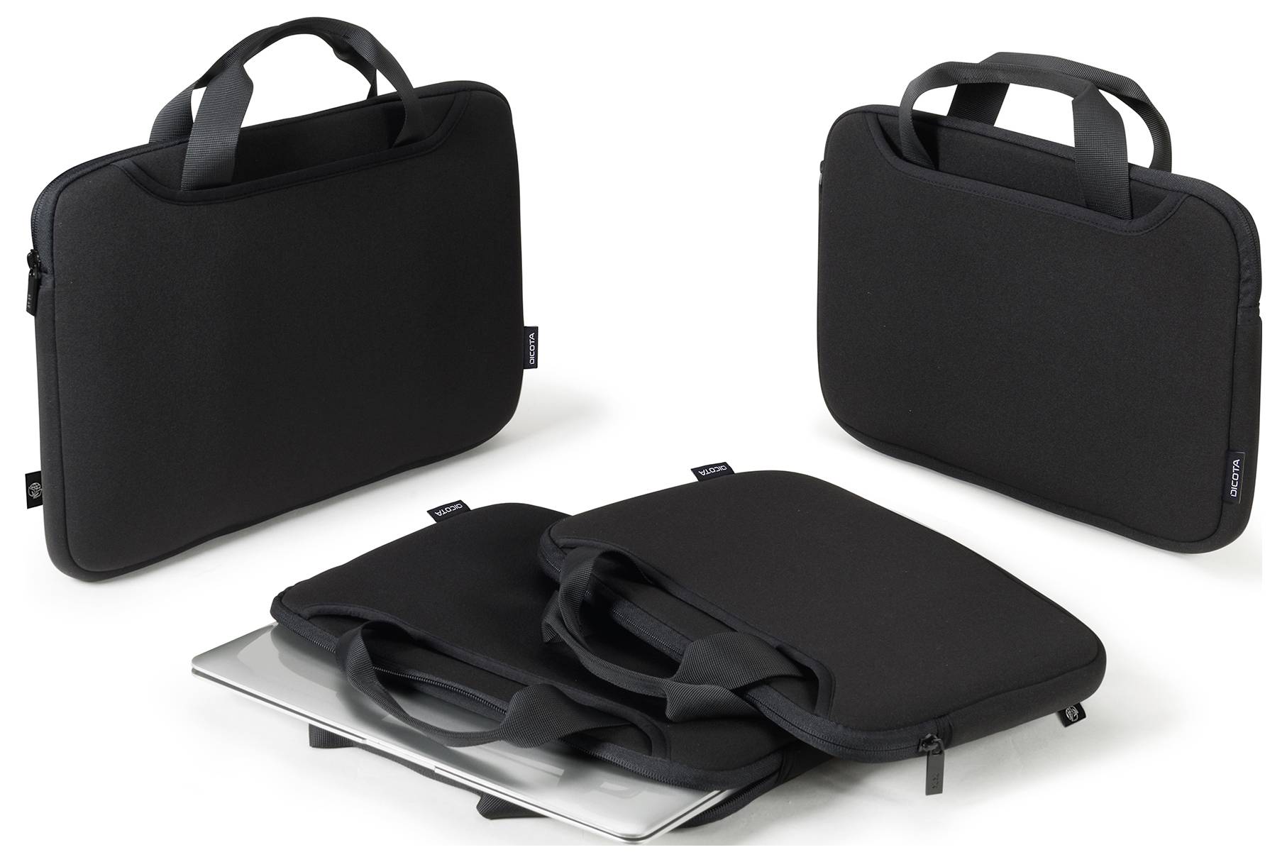 Three black laptop bags with handles; one shows a laptop unfolded.