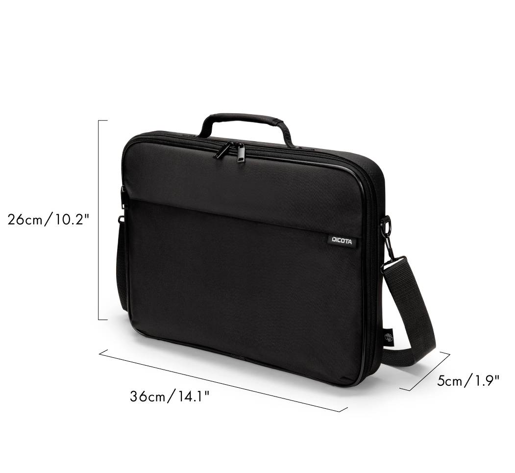 Black laptop bag, 36 cm x 26 cm x 5 cm. Adjustable shoulder strap and carry handle, suitable for devices up to 14.1 inches.