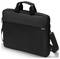 Black laptop bag with carry handle and shoulder strap. The bag is simply designed and serves to transport a laptop securely.