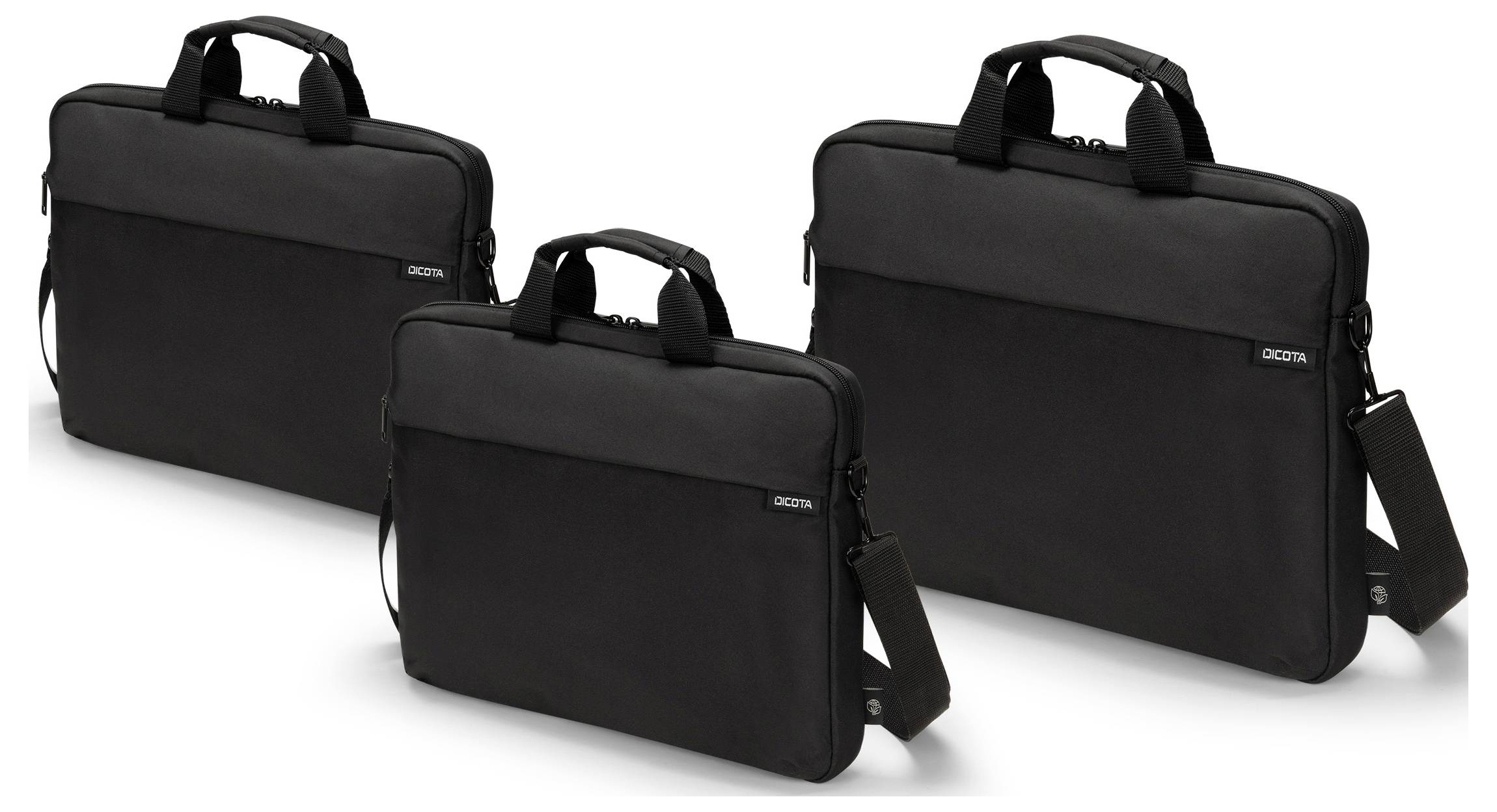 Three black laptop bags by Dicota, each with carry handle and shoulder strap, shown in different sizes.