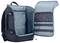 An open, black rucksack with blue inner lining and multiple compartments. Perfect for organised storage of items.