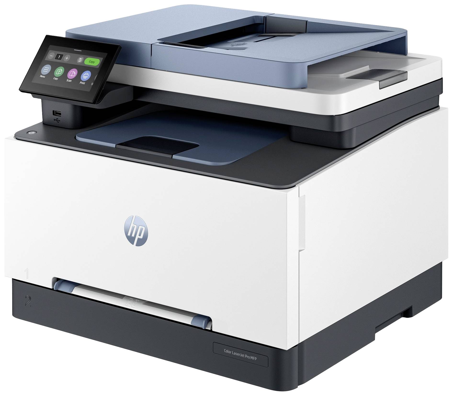Multifunction printer on a table, with a touchscreen control panel; compact and suitable for office applications.