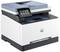 A white and blue multifunction printer with a touchscreen display, suitable for printing, scanning, copying, and faxing.