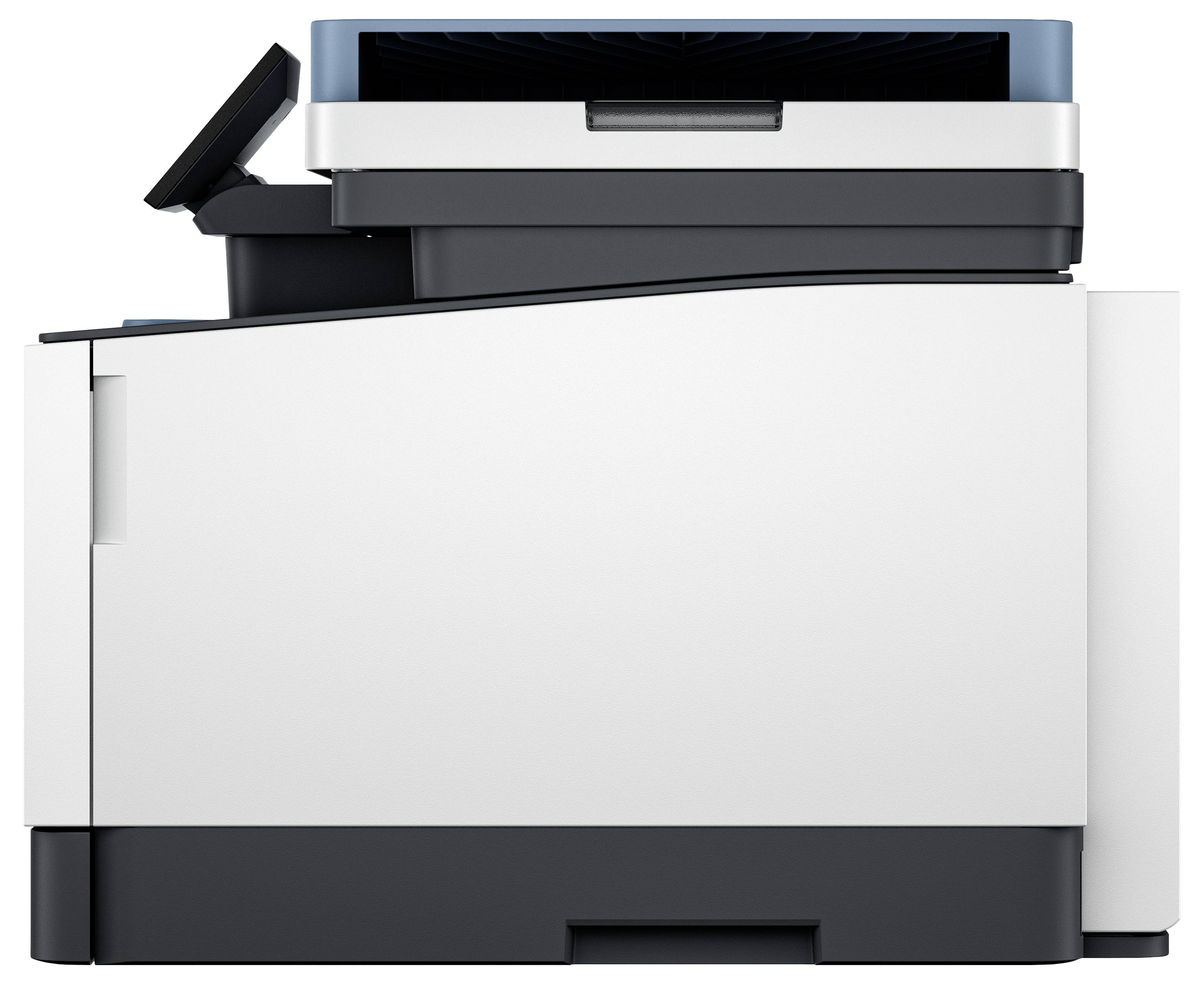 Front view of a large multifunction printer/copier with scanner lid open and paper tray visible on a white background.
