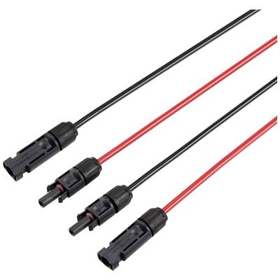 'Black and red insulated electrical cables with connectors, used for solar module connections.'